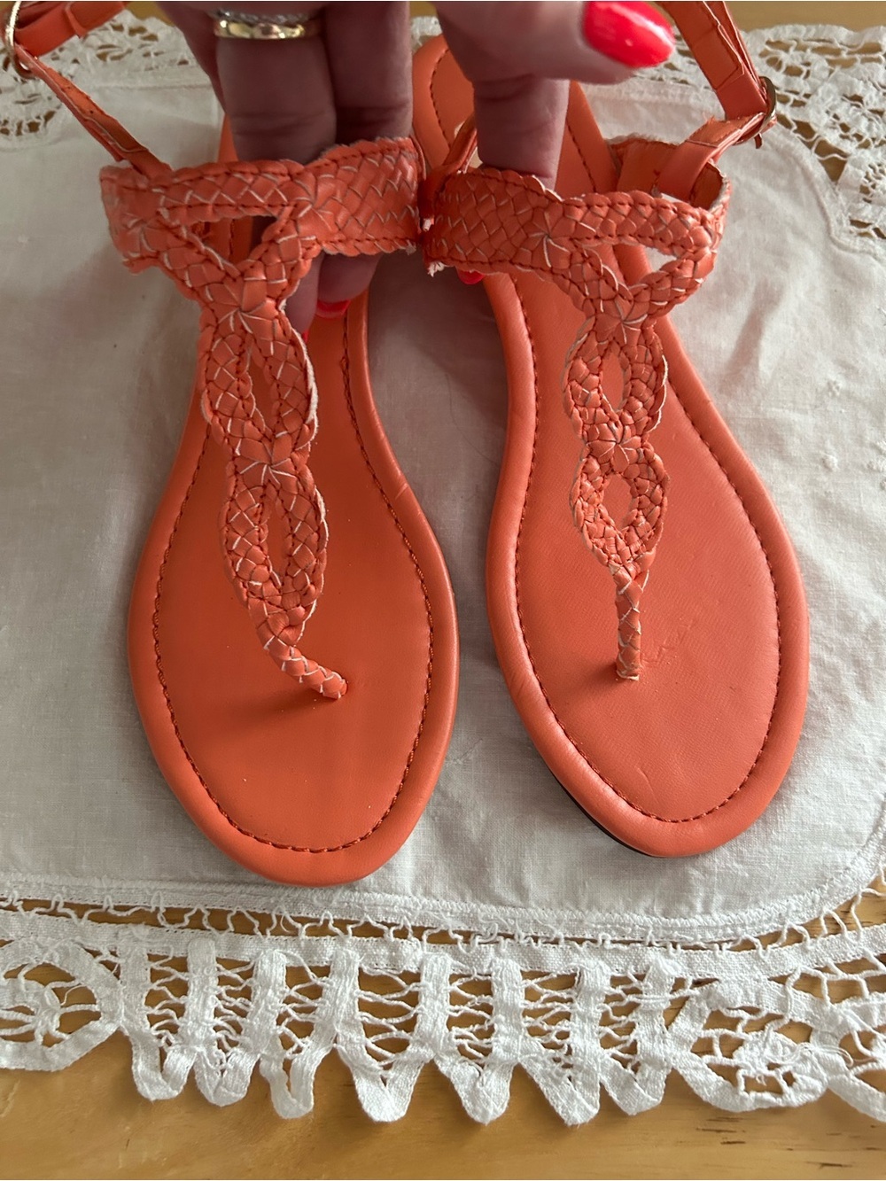 Braided T-Strap Sandals in Coral Orange - Picture 2 of 7